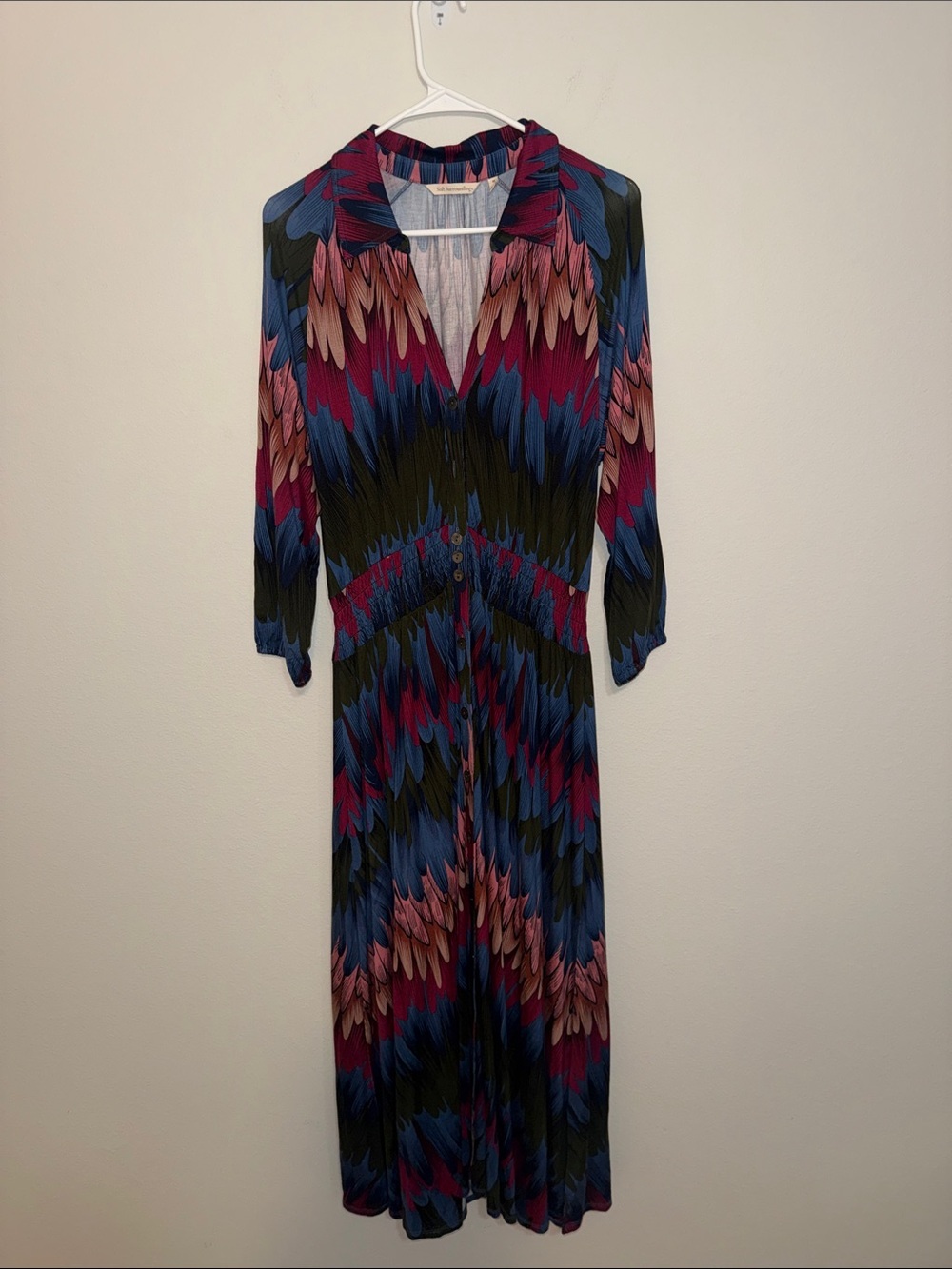 Soft Surroundings Feather-Print Maxi Dress in Blue, Pink & Green - Medium. B14